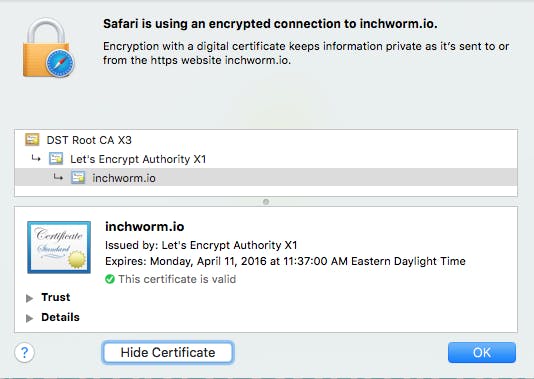 Screen shot of Safari showing the certificate is installed.