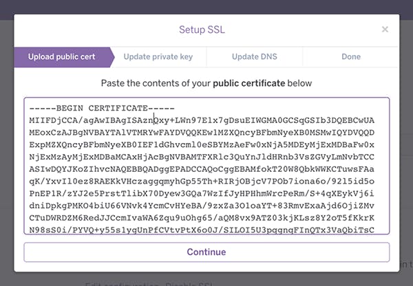 Screen shot of uploading an SSL certificate to Heroku