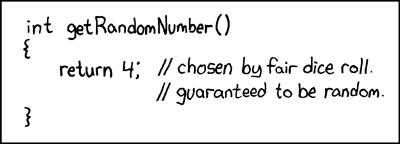 A handwritten function written in pseudo-code. It always returns the number 4, but asserts this is guaranteed to be random because 4 was chosen by the programmer rolling dice