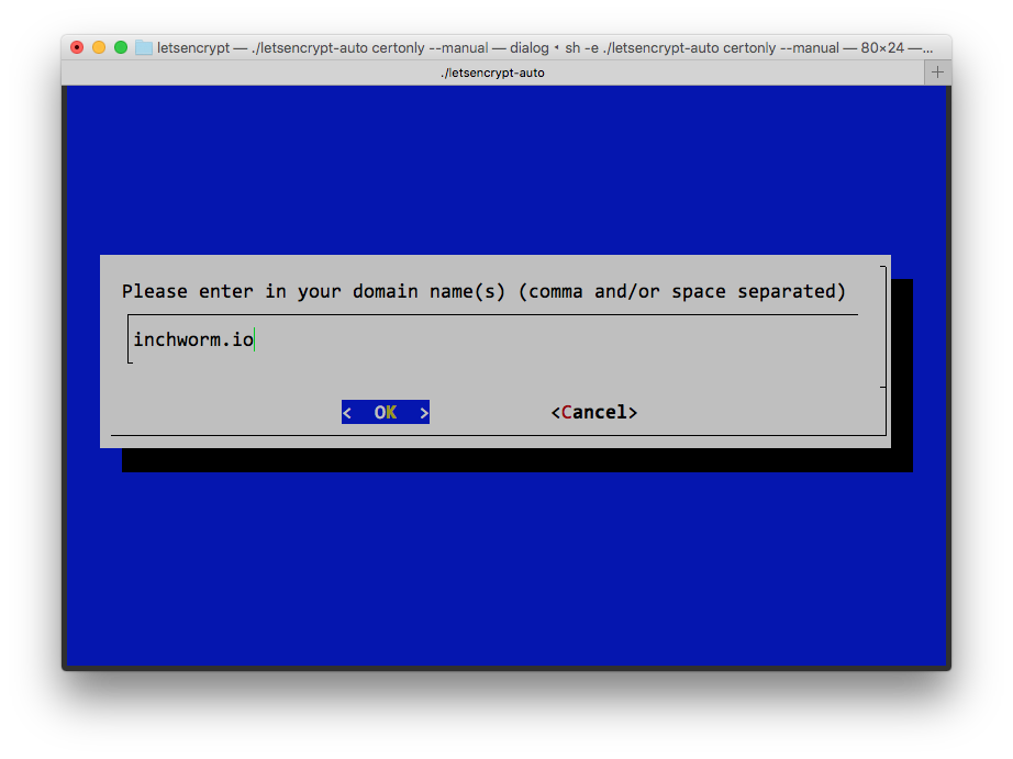 Screen shot from Terminal during the Let's Encrypt process